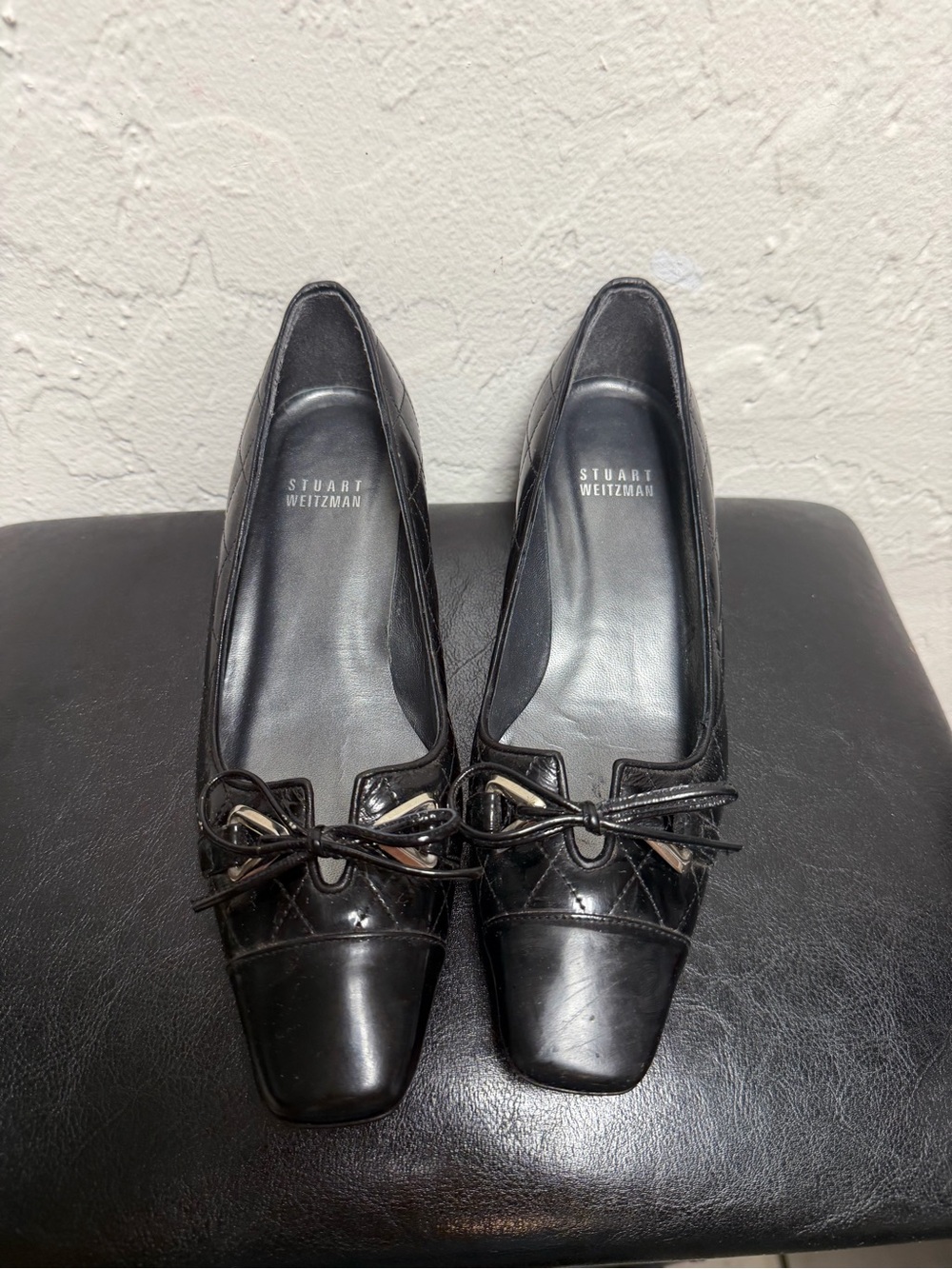 Stuart Weitzman Black Leather Square-Toe kitten heels with Bow and Metal Accent
